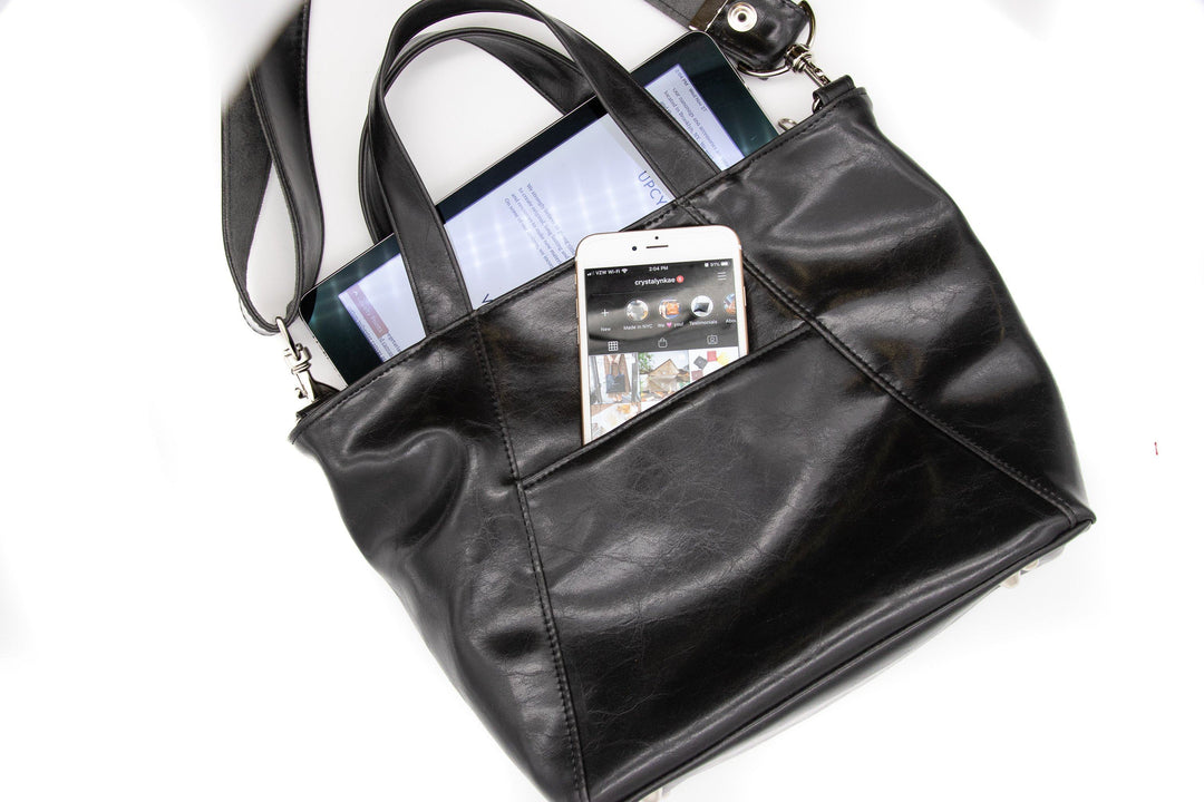 Womens Tote Bag - Mini Troubadour Tote- Black Vegan Leather#color_black